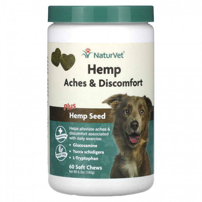 NaturVet, Конопляные боли и дискомфорт с семенами конопли, для собак, 60 жевательных таблеток, 180 г (6,3 унции) NaturVet, Конопляные боли и дискомфорт с семенами конопли, для собак, 60 жевательных таблеток, 180 г (6,3 унции)