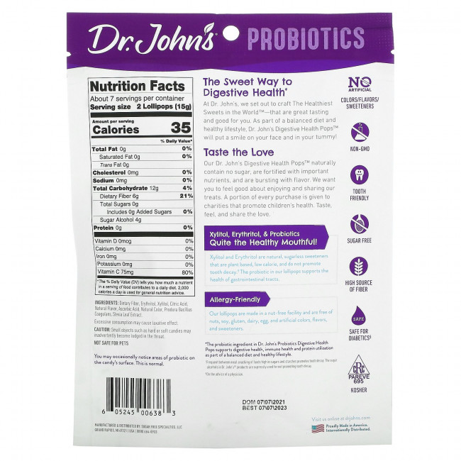 Dr. John's Healthy Sweets, Пробиотики, леденцы для здоровья пищеварительной системы, с клетчаткой и витамином C, клубника, персик и яблоко, без сахара, 1 миллиард, 14 леденцов на палочке в индивидуальной упаковке, 109 г (3,85 унции) Dr. John's Healthy Sweets, Пробиотики, леденцы для здоровья пищеварительной системы, с клетчаткой и витамином C, клубника, персик и яблоко, без сахара, 1 миллиард, 14 леденцов на палочке в индивидуальной упаковке, 109 г (3,85 унции)