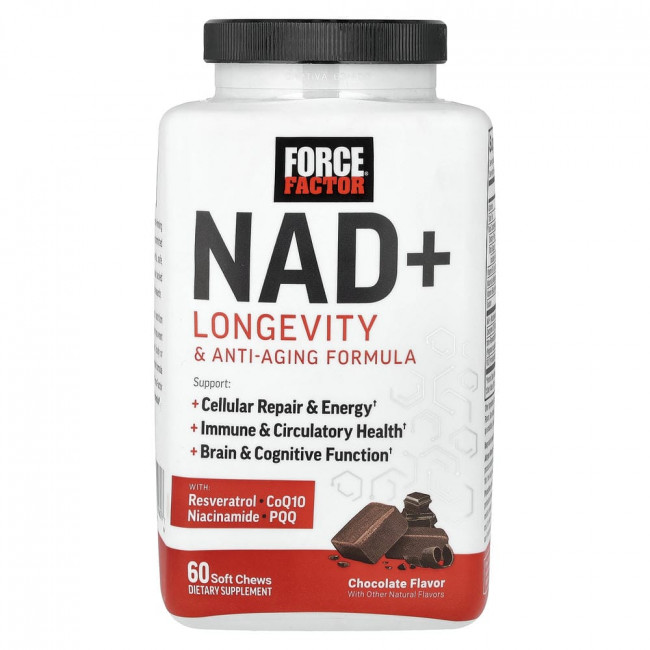 Force Factor, формула для долголетия и омоложения с NAD+, шоколад, 60 мягких жевательных конфет. Force Factor, формула для долголетия и омоложения с NAD+, шоколад, 60 мягких жевательных конфет.