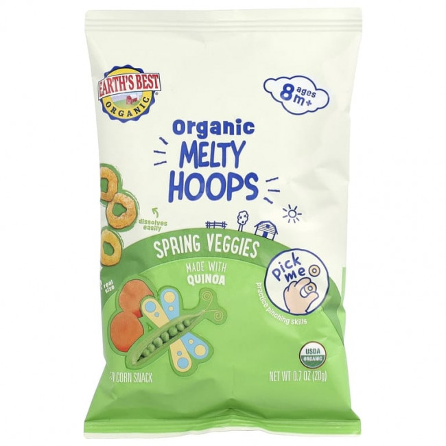 Earth's Best, Melty Hoops, органический снек из кукурузной муки, для детей от 8 месяцев, весенние овощи, 20 г (0,7 унции) Earth's Best, Melty Hoops, органический снек из кукурузной муки, для детей от 8 месяцев, весенние овощи, 20 г (0,7 унции)