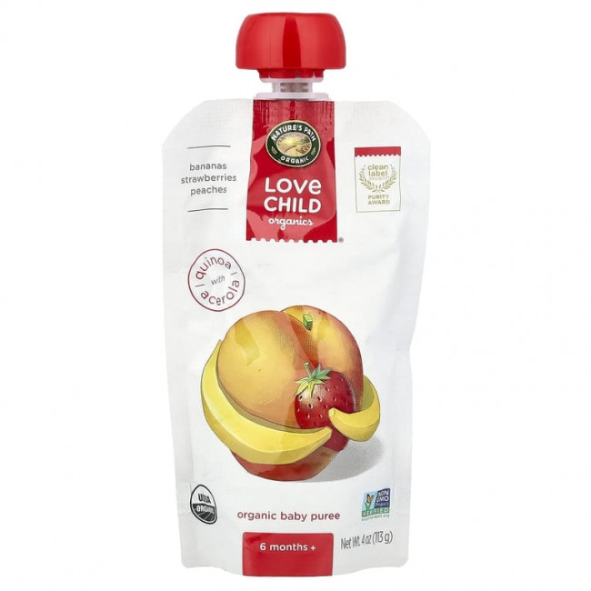 Love Child Organics, Nature's Path, органическое пюре для детей, для детей от 6 месяцев, бананы, клубника, персики, 113 г (4 унции) Love Child Organics, Nature's Path, органическое пюре для детей, для детей от 6 месяцев, бананы, клубника, персики, 113 г (4 унции)