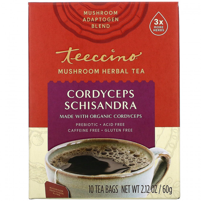 Teeccino, Травяной чай с грибами, кордицепс и лимонник, без кофеина, 10 чайных пакетиков, 60 г (2,12 унции) Teeccino, Травяной чай с грибами, кордицепс и лимонник, без кофеина, 10 чайных пакетиков, 60 г (2,12 унции)