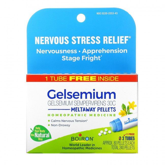 Boiron, Gelsemium, Nervous Stress Relief, Meltaway Pellets, 3 Tubes, Approx. 80 Pellets Each Boiron, Gelsemium, Nervous Stress Relief, Meltaway Pellets, 3 Tubes, Approx. 80 Pellets Each