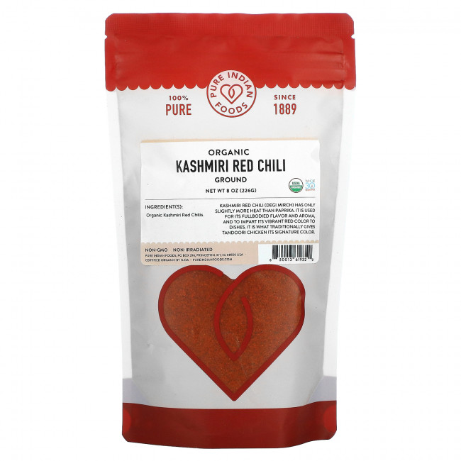 Pure Indian Foods, Органический кашмирский красный перец чили, молотый, 226 г (8 унций) Pure Indian Foods, Органический кашмирский красный перец чили, молотый, 226 г (8 унций)