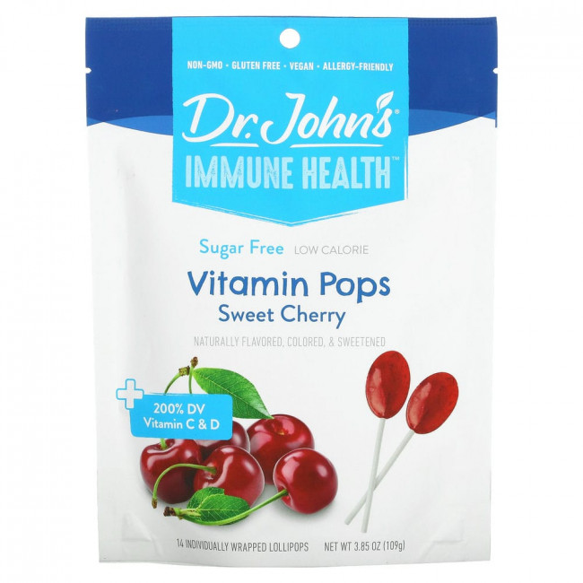 Dr. John's Healthy Sweets, Immune Health, леденцы со вкусом леденцов, + 200% суточной нормы витаминов C и D, черешня, без сахара, 14 леденцов на палочке в индивидуальной упаковке, 109 г (3,85 унции) Dr. John's Healthy Sweets, Immune Health, леденцы со вкусом леденцов, + 200% суточной нормы витаминов C и D, черешня, без сахара, 14 леденцов на палочке в индивидуальной упаковке, 109 г (3,85 унции)