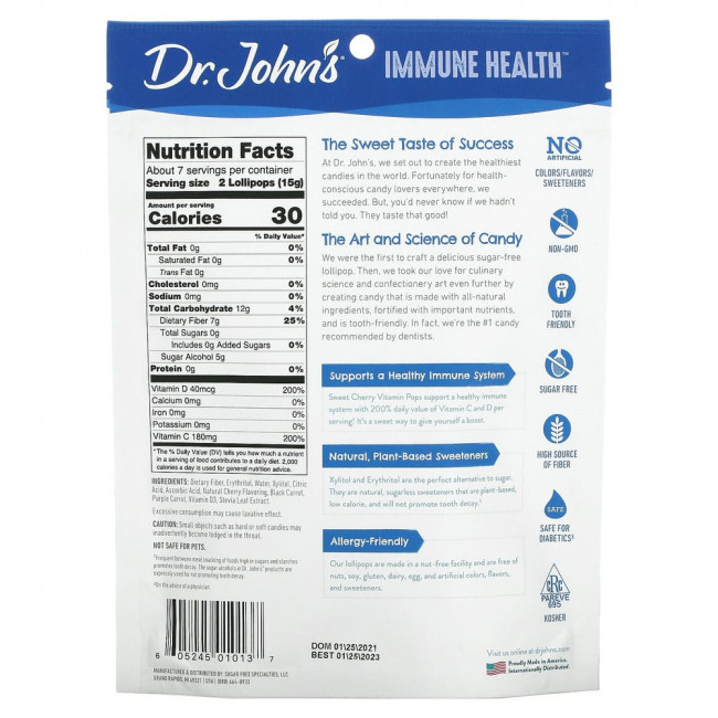 Dr. John's Healthy Sweets, Immune Health, леденцы со вкусом леденцов, + 200% суточной нормы витаминов C и D, черешня, без сахара, 14 леденцов на палочке в индивидуальной упаковке, 109 г (3,85 унции) Dr. John's Healthy Sweets, Immune Health, леденцы со вкусом леденцов, + 200% суточной нормы витаминов C и D, черешня, без сахара, 14 леденцов на палочке в индивидуальной упаковке, 109 г (3,85 унции)