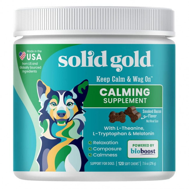Solid Gold, Keep Calm & Wag On ™, успокаивающая добавка для собак, с копченым беконом, 120 жевательных таблеток, 216 г (7,6 унции) Solid Gold, Keep Calm & Wag On ™, успокаивающая добавка для собак, с копченым беконом, 120 жевательных таблеток, 216 г (7,6 унции)