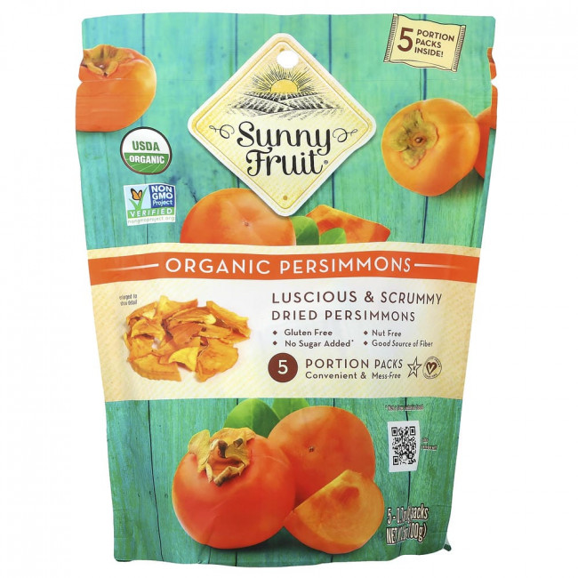 Sunny Fruit, органическая сушеная хурма, 5 порционных упаковок по 20 г каждая.
