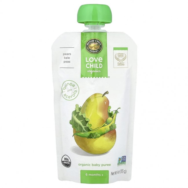 Love Child Organics, Nature's Path, органическое пюре для детей, для детей от 6 месяцев, груши, кудрявая капуста и горох, 113 г (4 унции) Love Child Organics, Nature's Path, органическое пюре для детей, для детей от 6 месяцев, груши, кудрявая капуста и горох, 113 г (4 унции)