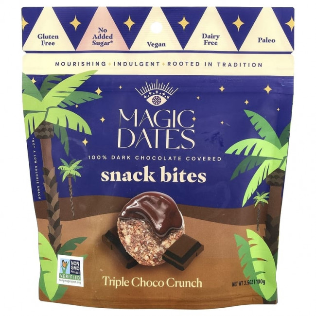 MAGICDATES, Snack Bites, покрытый 100% темным шоколадом, тройной шоколадный хрусталь, 100 г (3,5 унции) MAGICDATES, Snack Bites, покрытый 100% темным шоколадом, тройной шоколадный хрусталь, 100 г (3,5 унции)