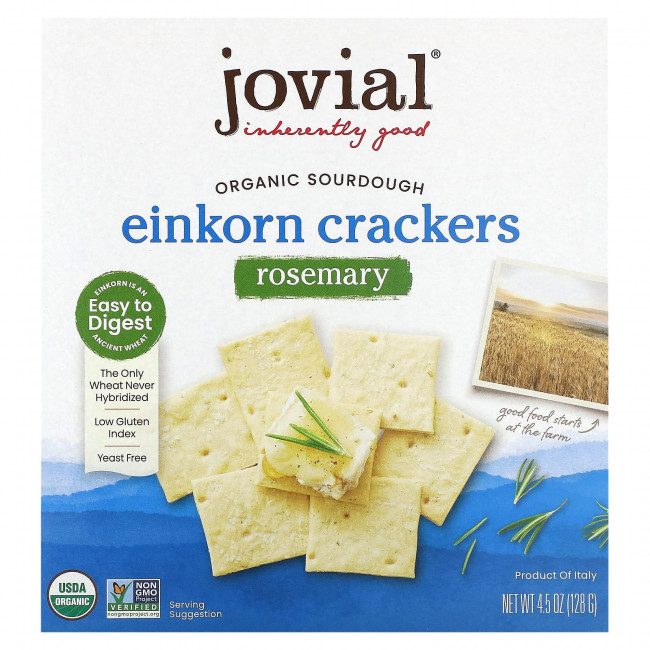 Jovial, Органические крекеры на закваске, с розмарином, 128 г (4,5 унции) Jovial, Органические крекеры на закваске, с розмарином, 128 г (4,5 унции)