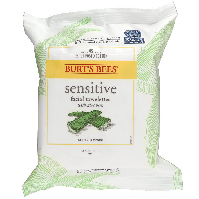 Burt's Bees, Салфетки для чувствительной кожи, с алоэ вера, 30 предварительно увлажненных салфеток Burt's Bees, Салфетки для чувствительной кожи, с алоэ вера, 30 предварительно увлажненных салфеток