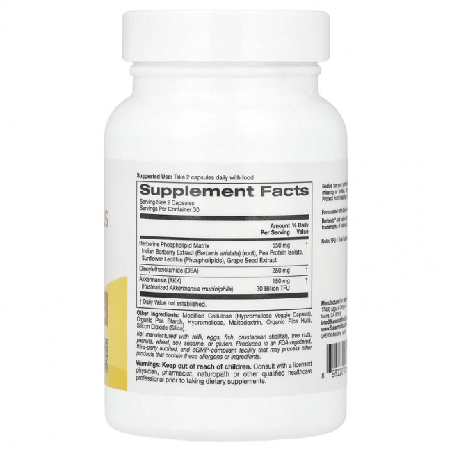 Super Nutrition, Akkermansia 30B PLUS, пастеризованная A. Muciniphila с берберином и OEA, 60 растительных капсул