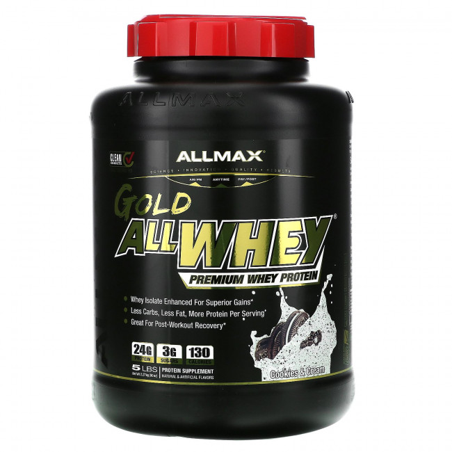 ALLMAX Nutrition, Gold AllWhey, сывороточный протеин премиального качества, печенье и сливки, 2,27 кг (5 фунтов) ALLMAX Nutrition, Gold AllWhey, сывороточный протеин премиального качества, печенье и сливки, 2,27 кг (5 фунтов)