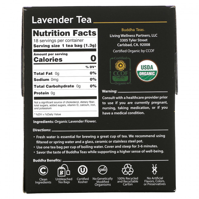 Buddha Teas, Органический травяной чай, лаванда, 18 чайных пакетиков, 24 г (0,83 унции) Buddha Teas, Органический травяной чай, лаванда, 18 чайных пакетиков, 24 г (0,83 унции)