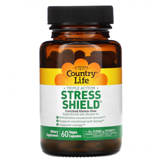 Country Life, Stress Shield, тройное действие, 60 веганских капсул Country Life, Stress Shield, тройное действие, 60 веганских капсул