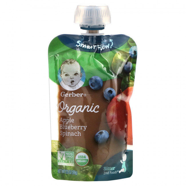 Gerber, Smart Flow, Organic, яблоко, черника и шпинат, 99 г (3,5 унции) Gerber, Smart Flow, Organic, яблоко, черника и шпинат, 99 г (3,5 унции)