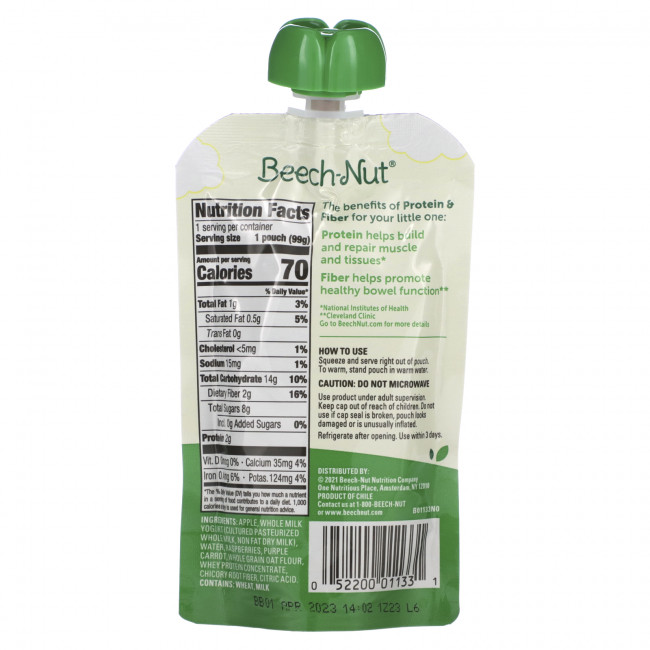 Beech-Nut, Фрукты, овощи, смесь йогурта и злаков, белок и клетчатка, от 12 месяцев, яблоко, йогурт, малина, фиолетовая морковь и овес, 99 г (3,5 унции) Beech-Nut, Фрукты, овощи, смесь йогурта и злаков, белок и клетчатка, от 12 месяцев, яблоко, йогурт, малина, фиолетовая морковь и овес, 99 г (3,5 унции)