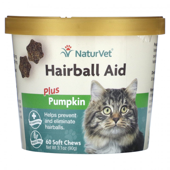 NaturVet, Hairball Aid Plus, тыква, для кошек, 60 жевательных таблеток, 90 г (3,1 унции) NaturVet, Hairball Aid Plus, тыква, для кошек, 60 жевательных таблеток, 90 г (3,1 унции)