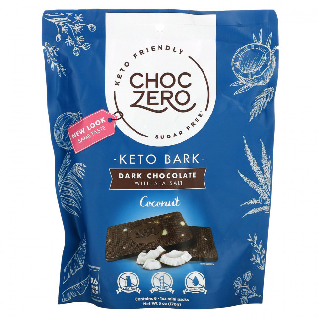 ChocZero, черный шоколад с морской солью, кокос, без сахара, 6 мини-плиток, по 28 г (1 унции) ChocZero, черный шоколад с морской солью, кокос, без сахара, 6 мини-плиток, по 28 г (1 унции)