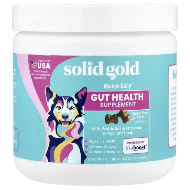 Solid Gold, Mellow Belly™, добавка для здоровья кишечника, для собак, копченый бекон, 120 жевательных таблеток, 216 г (7,6 унции) Solid Gold, Mellow Belly™, добавка для здоровья кишечника, для собак, копченый бекон, 120 жевательных таблеток, 216 г (7,6 унции)