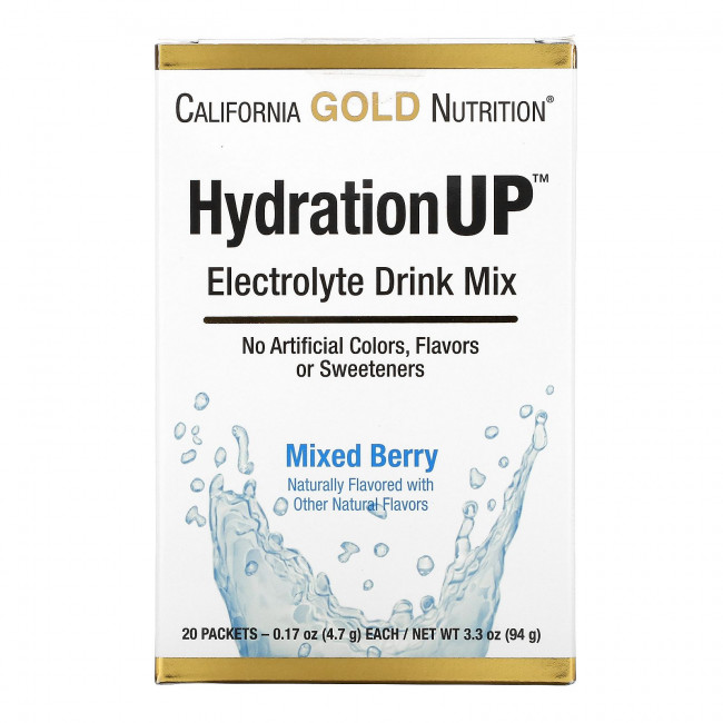 California Gold Nutrition, HydrationUP, смесь для приготовления электролитического напитка, ягодный микс, 20 пакетиков, 4,7 г (0,17 унции) в каждом California Gold Nutrition, HydrationUP, смесь для приготовления электролитического напитка, ягодный микс, 20 пакетиков, 4,7 г (0,17 унции) в каждом