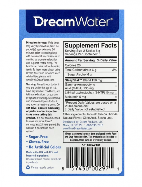 Dream Water, снотворное, сонная ягода, 10 стиков, весом 3 г каждый