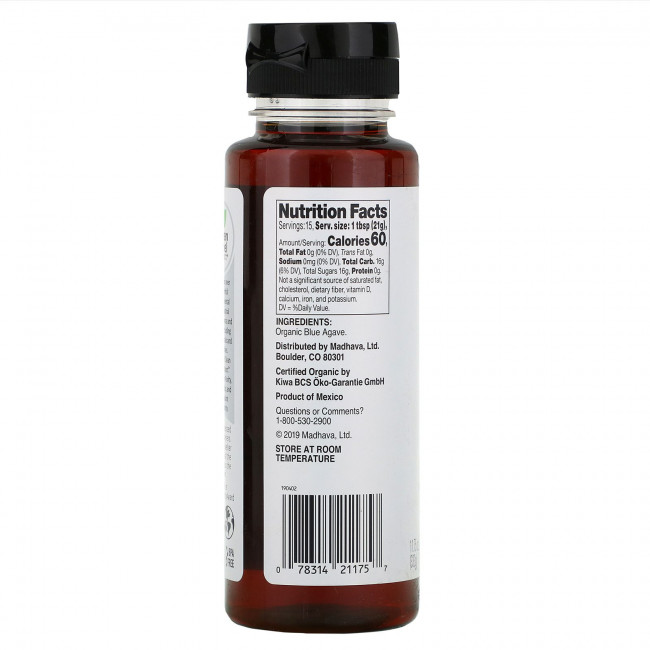 Madhava Natural Sweeteners, Органический янтарный сироп из сырой голубой агавы, 11,75 унций (333 г) Madhava Natural Sweeteners, Органический янтарный сироп из сырой голубой агавы, 11,75 унций (333 г)