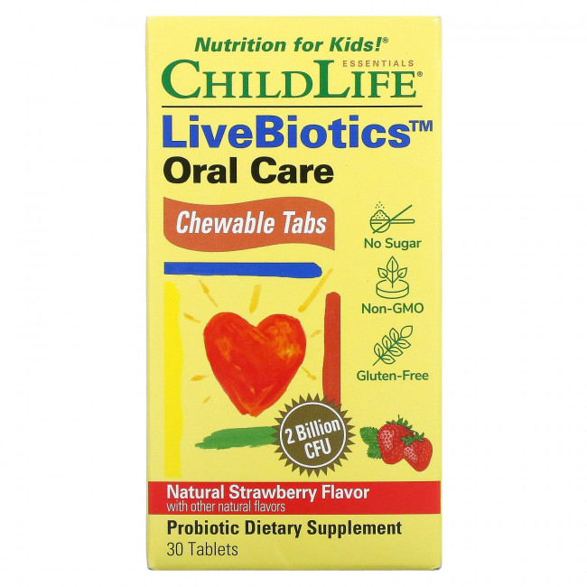 ChildLife, LiveBiotics, Уход за полостью рта, натуральная клубника, 2 миллиарда КОЕ, 30 жевательных таблеток ChildLife, LiveBiotics, Уход за полостью рта, натуральная клубника, 2 миллиарда КОЕ, 30 жевательных таблеток