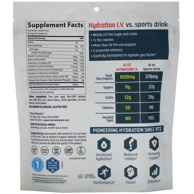 Trace Minerals ®, Hydration IV, Пакеты для напитков с электролитами, малиново-лимонадный вкус, 16 пакетов по 0,56 унции (16 г) каждый Trace Minerals ®, Hydration IV, Пакеты для напитков с электролитами, малиново-лимонадный вкус, 16 пакетов по 0,56 унции (16 г) каждый