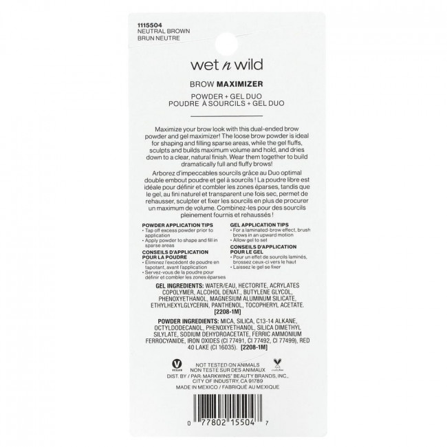 wet n wild, Brow Maximizer, пудра + гель Duo, нейтральный коричневый, пудра - 0,8 г (0,02 унции), гель - 3,5 мл (0,11 жидк. Унции)