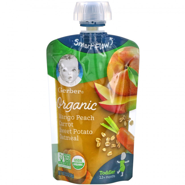 Gerber, Organic Mango, Peach, Carrot, Sweet Potato, Oatmeal, Toddler, 12+ Months, 3.5 oz (99 g) Gerber, Organic Mango, Peach, Carrot, Sweet Potato, Oatmeal, Toddler, 12+ Months, 3.5 oz (99 g)