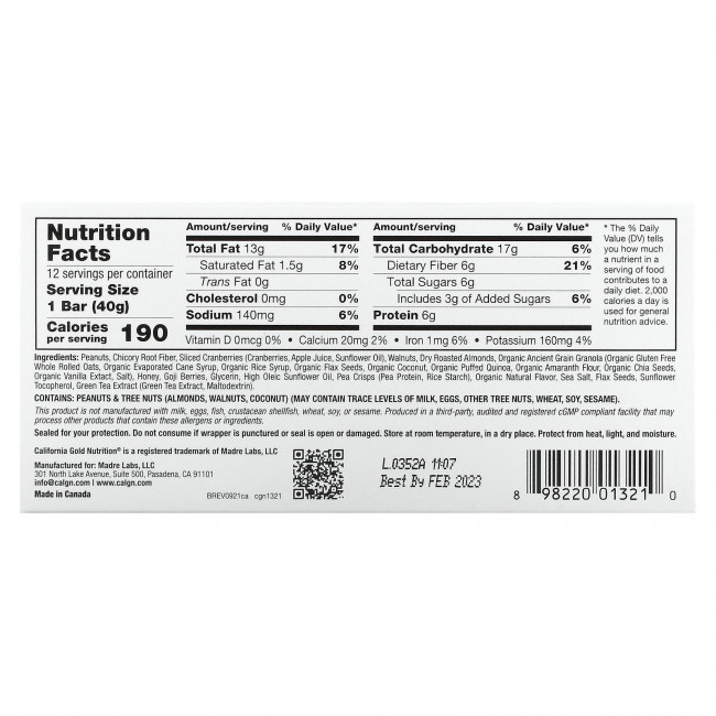 California Gold Nutrition, FOODS, батончики мюсли с клюквой и миндалем, 12 шт. по 40 г (1,4 унции) California Gold Nutrition, FOODS, батончики мюсли с клюквой и миндалем, 12 шт. по 40 г (1,4 унции)