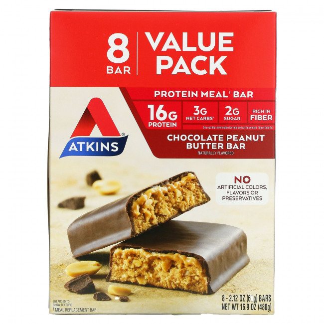 Atkins, Protein Meal Bar, протеиновые батончики, шоколад и арахисовая паста, 8 батончиков по 60 г (2,12 унции) Atkins, Protein Meal Bar, протеиновые батончики, шоколад и арахисовая паста, 8 батончиков по 60 г (2,12 унции)