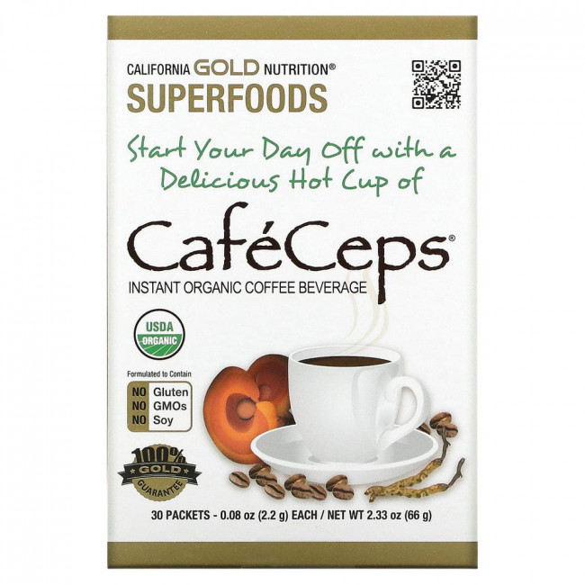 California Gold Nutrition, SUPERFOODS, Caf?Ceps, органический растворимый кофе с кордицепсом и рейши, 30 пакетиков по 2,2 г (0,08 унции) California Gold Nutrition, SUPERFOODS, Caf?Ceps, органический растворимый кофе с кордицепсом и рейши, 30 пакетиков по 2,2 г (0,08 унции)