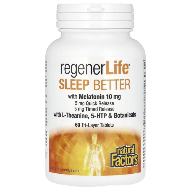 Natural Factors, RegenerLife, улучшение сна с мелатонином, L-теанином и растительными ингредиентами, 60 трехслойных таблеток