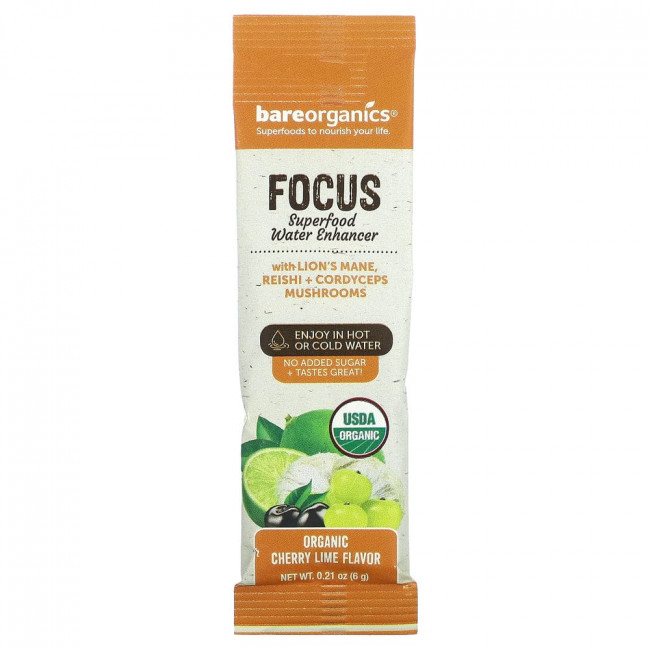 BareOrganics, Focus, Superfood Water Enhancer, органический вишневый лайм, 5 пакетиков в стиках по 6 г (0,21 унции)