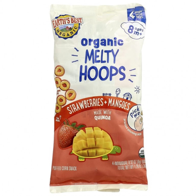Earth's Best, органический Melty Hoops, кукурузный снек, для детей от 8 месяцев, клубника и манго, 4 порционных упаковки по 9 г (0,32 унции) Earth's Best, органический Melty Hoops, кукурузный снек, для детей от 8 месяцев, клубника и манго, 4 порционных упаковки по 9 г (0,32 унции)