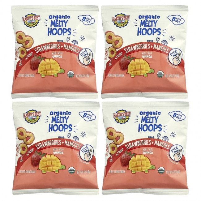 Earth's Best, органический Melty Hoops, кукурузный снек, для детей от 8 месяцев, клубника и манго, 4 порционных упаковки по 9 г (0,32 унции) Earth's Best, органический Melty Hoops, кукурузный снек, для детей от 8 месяцев, клубника и манго, 4 порционных упаковки по 9 г (0,32 унции)