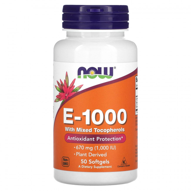 NOW Foods, E-1000 со смешанными токоферолами, 670 мг (1000 МЕ), 50 мягких таблеток NOW Foods, E-1000 со смешанными токоферолами, 670 мг (1000 МЕ), 50 мягких таблеток