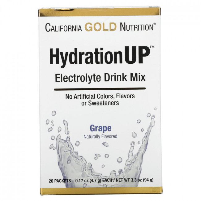 California Gold Nutrition, HydrationUP, смесь для приготовления электролитического напитка, со вкусом винограда, 20 пакетиков по 4,7 г (0,17 унции) California Gold Nutrition, HydrationUP, смесь для приготовления электролитического напитка, со вкусом винограда, 20 пакетиков по 4,7 г (0,17 унции)