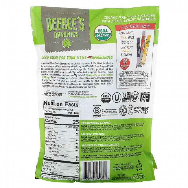 Deebee's Organic, Superfruit Freezie, ассорти, 10 батончиков, 40 мл (1,35 жидк. Унции) Deebee's Organic, Superfruit Freezie, ассорти, 10 батончиков, 40 мл (1,35 жидк. Унции)
