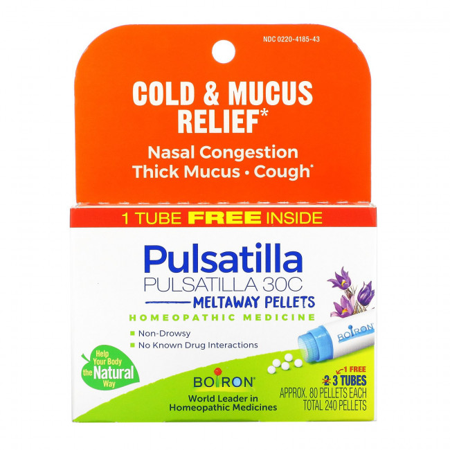 Boiron, Pulsatilla, от простуды и снятия слизи, гранулы Meltaway, 30C, 3 тюбика, 80 гранул в каждой Boiron, Pulsatilla, от простуды и снятия слизи, гранулы Meltaway, 30C, 3 тюбика, 80 гранул в каждой