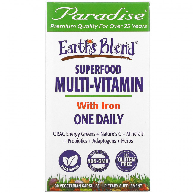 Paradise Herbs, Earth's Blend, комплекс суперфудов и мультивитаминов с железом, для приема один раз в день, 30 вегетарианских капсул Paradise Herbs, Earth's Blend, комплекс суперфудов и мультивитаминов с железом, для приема один раз в день, 30 вегетарианских капсул