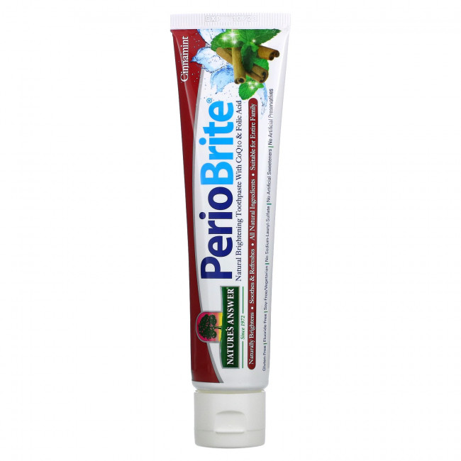 Nature's Answer, PerioBrite, натуральная осветляющая зубная паста с коэнзимом Q10 и фолиевой кислотой, корица и мята, 113,4 г (4 унции) Nature's Answer, PerioBrite, натуральная осветляющая зубная паста с коэнзимом Q10 и фолиевой кислотой, корица и мята, 113,4 г (4 унции)