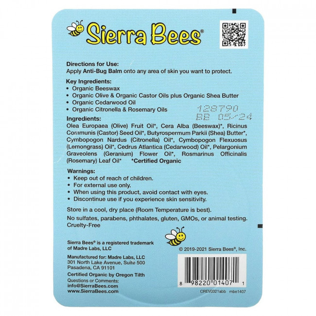 Sierra Bees, бальзам против насекомых, масло кедра, герани и розмарина, 17 г (0,6 унции)