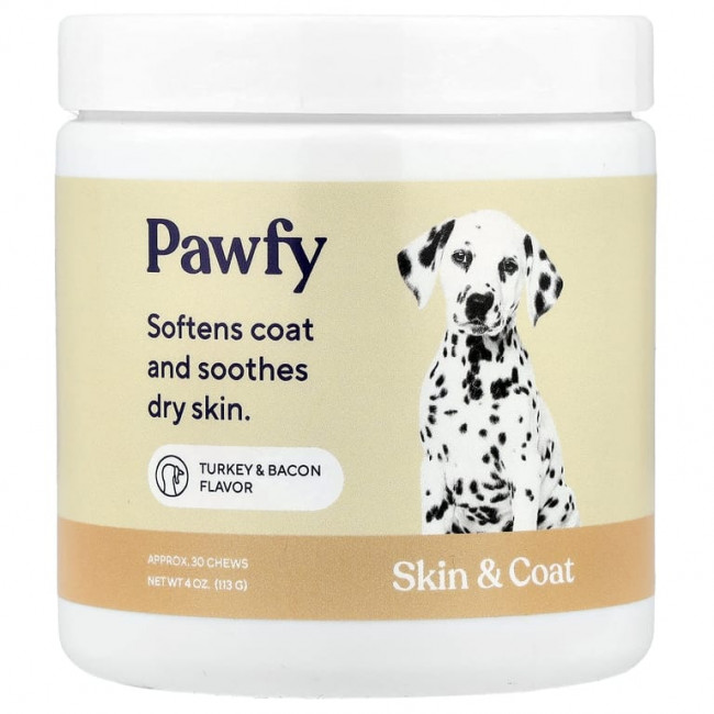 Pawfy, Skin And Coat, индейка и бекон, 30 жевательных таблеток, 113 г (4 унции) Pawfy, Skin And Coat, индейка и бекон, 30 жевательных таблеток, 113 г (4 унции)