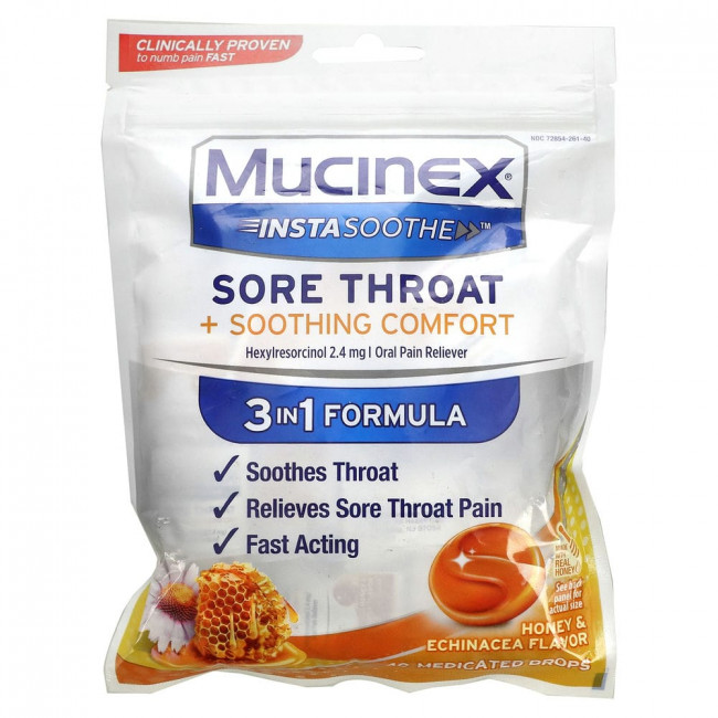 Mucinex, InstaSoothe, Sore Throat + Soothing Comfort, Honey & Echinacea, 40 Medicated Drops