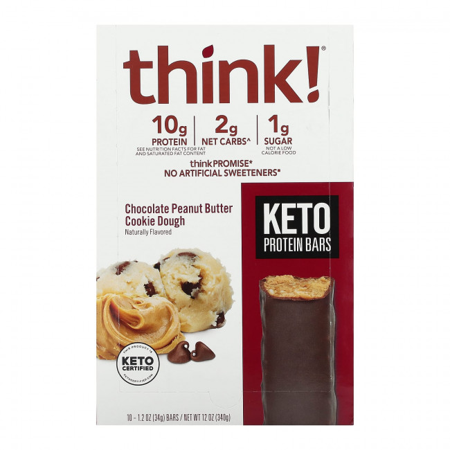 Think !, Keto Protein Bars, шоколадное тесто для печенья с арахисовой пастой, 10 батончиков, 34 г (1,2 унции) каждый Think !, Keto Protein Bars, шоколадное тесто для печенья с арахисовой пастой, 10 батончиков, 34 г (1,2 унции) каждый