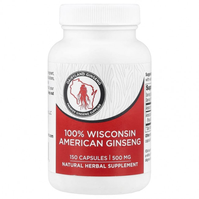 Dairyland Ginseng, 100% Wisconsin American Ginseng, 500 мг, 150 капсул Dairyland Ginseng, 100% Wisconsin American Ginseng, 500 мг, 150 капсул